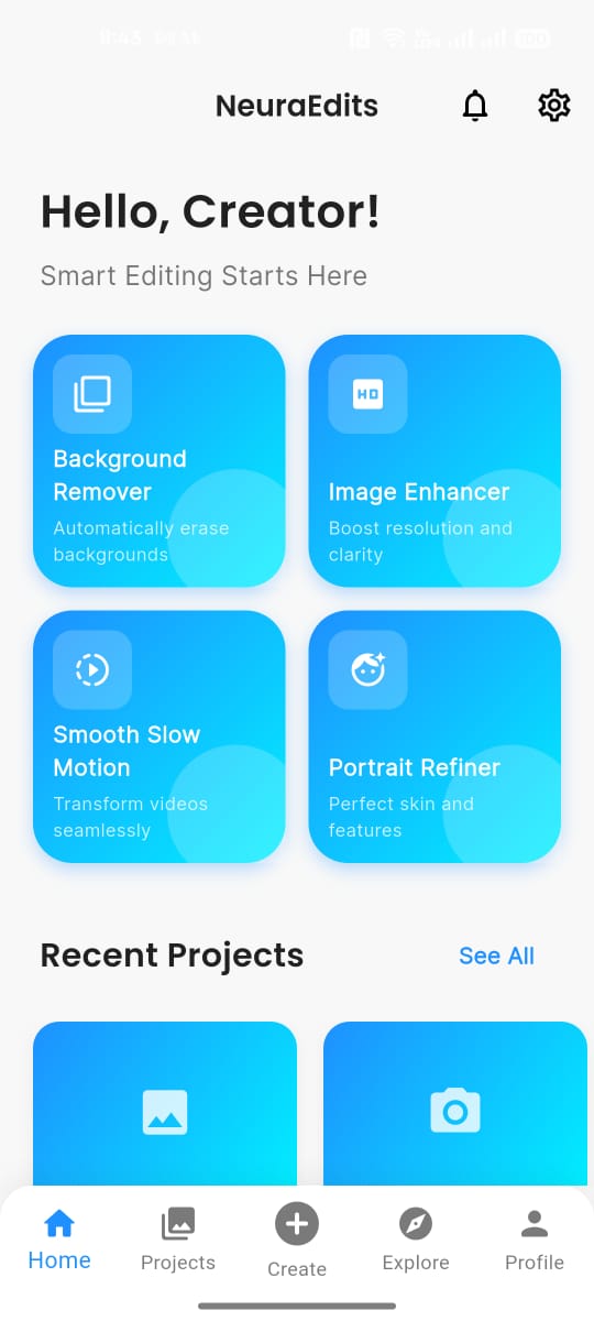 NeuraEdits instant background remover and photo editor interface showing gallery of enhanced images